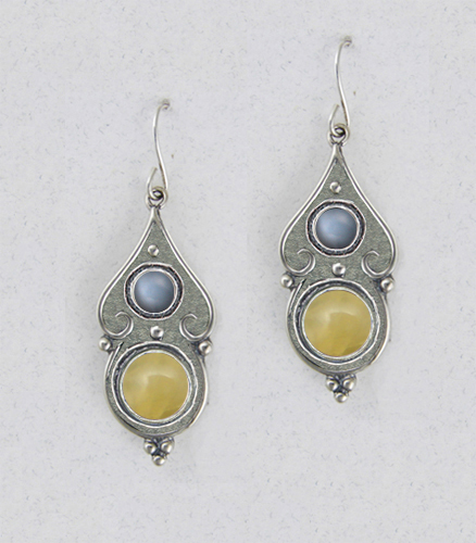 Sterling Silver Yellow Aragonite And Grey Moonstone Gemstone Drop Dangle Earrings